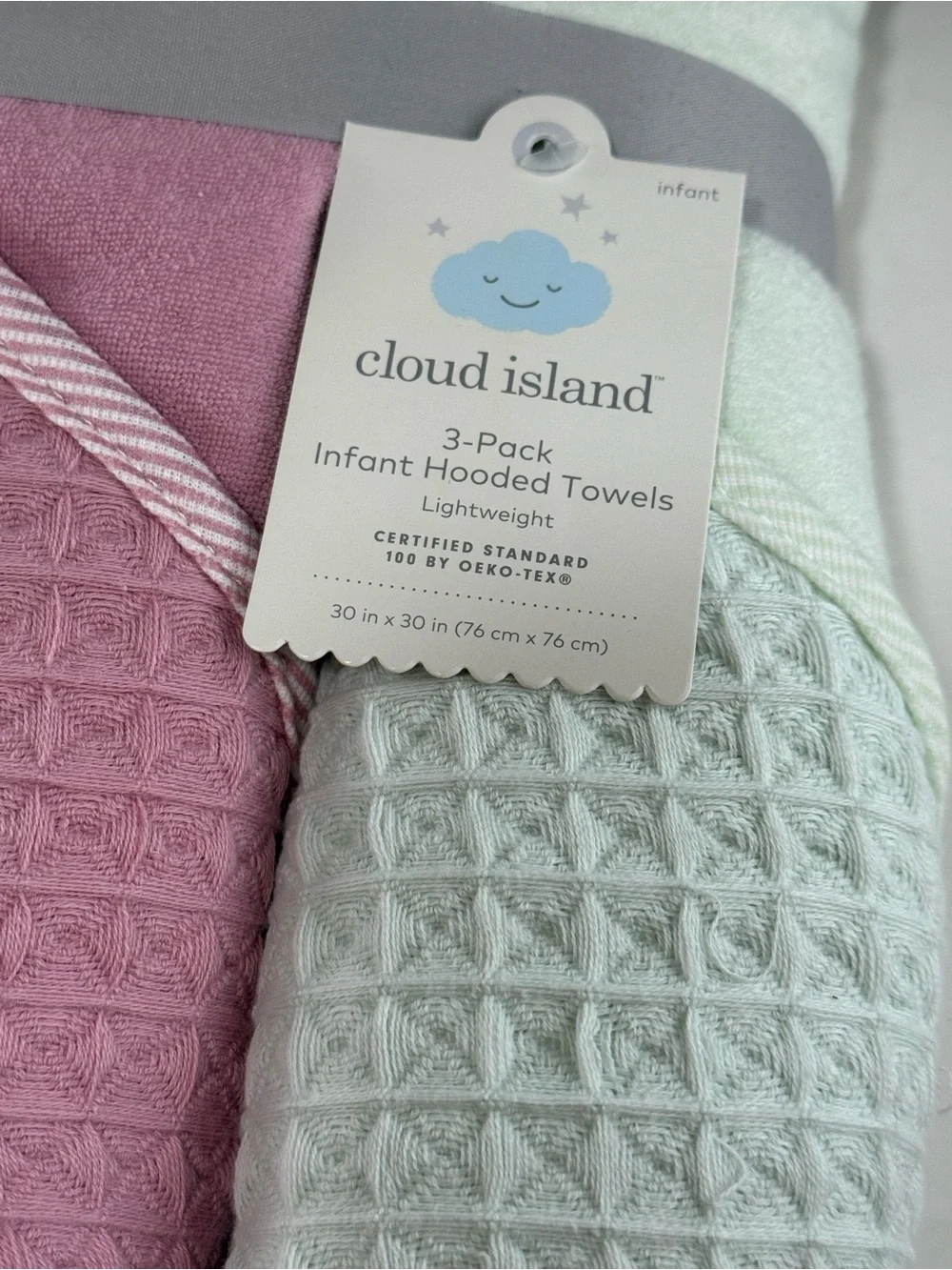 cloud island Waffle 3 Hooded Baby Towels & 2 muslin swaddling blankets NEW